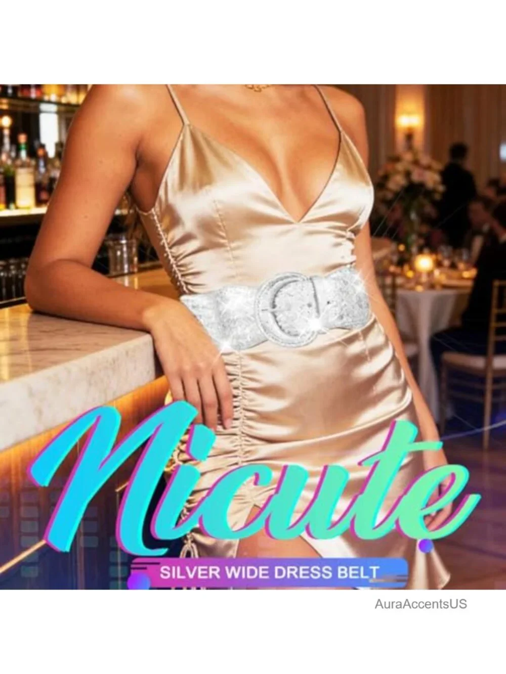 Sequin Bling Wide Waist Belt Elastic Sparkle Waistband for Dresses